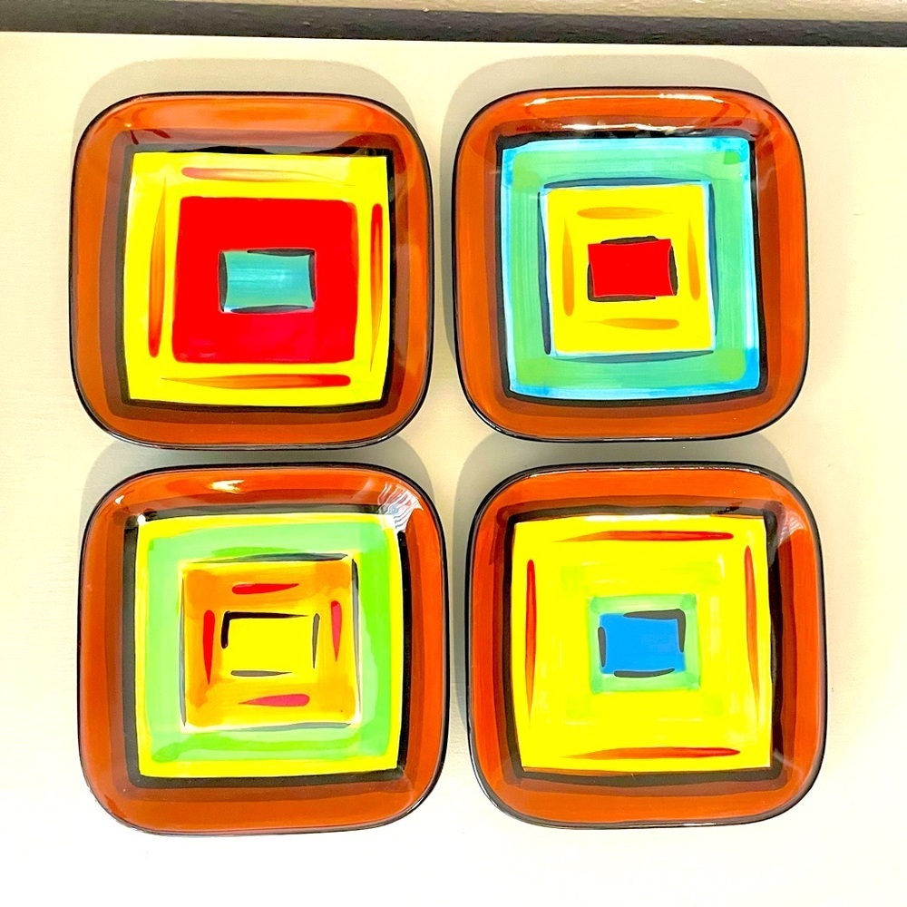 Gail Pittman Designed 4 Square Appetizer/Dessert Plates Artsy‎ Vibrant Colorfull